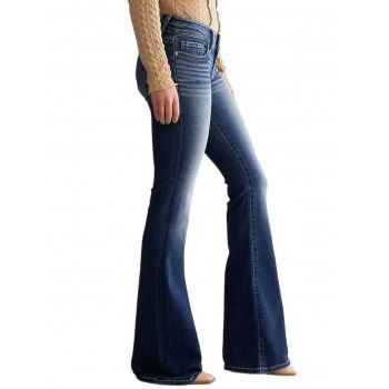 Faded Wash Double Button Zip Fly Long Vintage Flare Jeans 