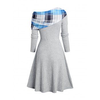 Plaid Patchwork Off The Shoulder Cinched Asymmetric Dress Mock Button Decor Ribbed Warm Dress 