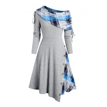 Plaid Patchwork Off The Shoulder Cinched Asymmetric Dress Mock Button Decor Ribbed Warm Dress 