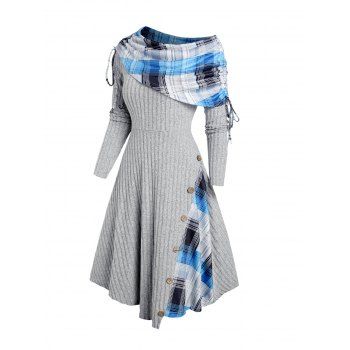 Plaid Patchwork Off The Shoulder Cinched Asymmetric Dress Mock Button Decor Ribbed Warm Dress 