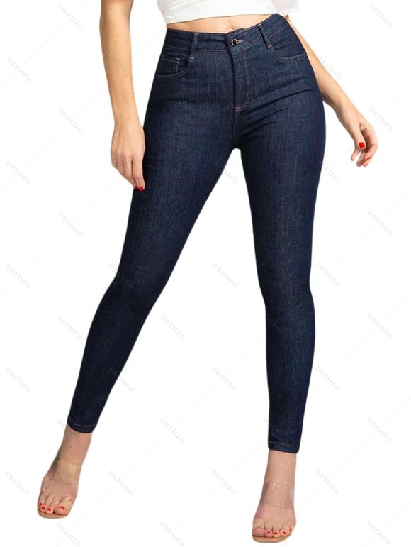 Pantalon Crayon Long Zippé à Taille Haute en Denim avec Poche - Bleu de Minuit XXL | US 12