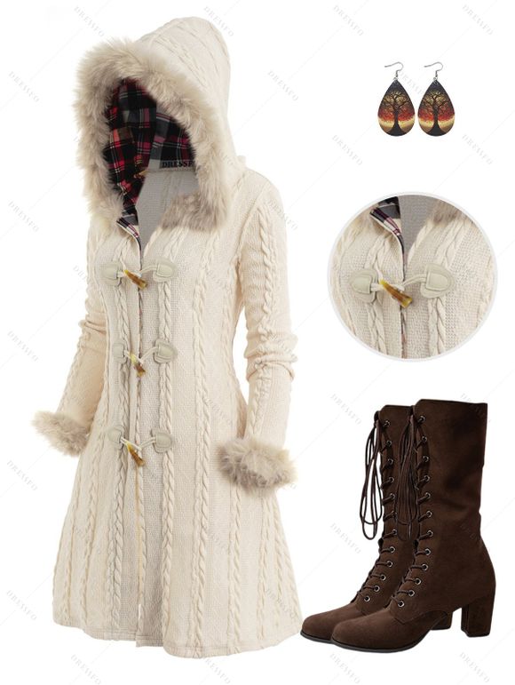 Cable Knit Plaid Horn Button Faux Fur Hooded Coat And Chunky Heel Lace Up Mid Calf Boots Life Tree Pattern Teardrop Earrings Outfit - Blanc de Crème S | US 4