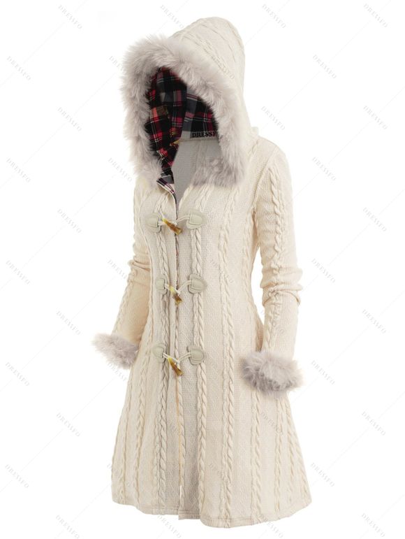 Cable Knit Plaid Horn Button Faux Fur Hooded Coat And Chunky Heel Lace Up Mid Calf Boots Life Tree Pattern Teardrop Earrings Outfit - Blanc de Crème S | US 4