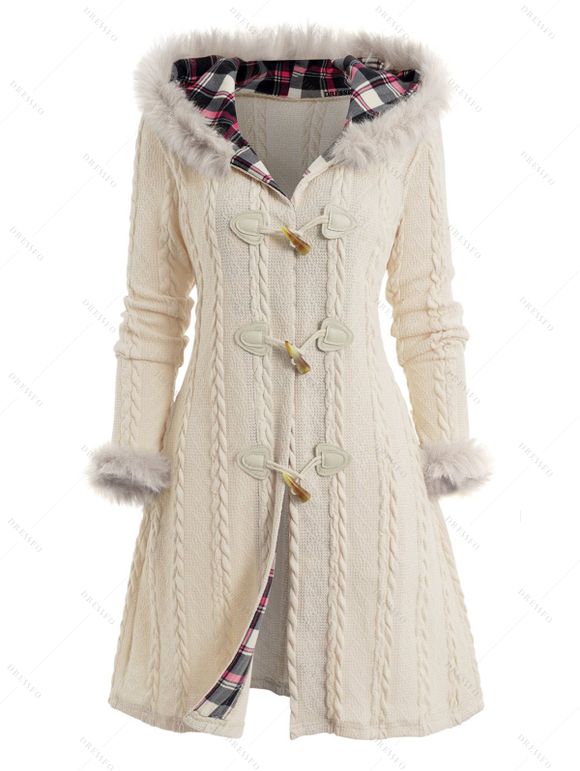 Cable Knit Plaid Horn Button Faux Fur Hooded Coat And Chunky Heel Lace Up Mid Calf Boots Life Tree Pattern Teardrop Earrings Outfit - Blanc de Crème S | US 4