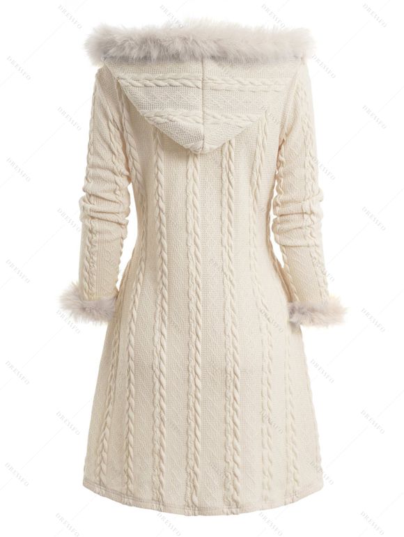 Cable Knit Plaid Horn Button Faux Fur Hooded Coat And Chunky Heel Lace Up Mid Calf Boots Life Tree Pattern Teardrop Earrings Outfit - Blanc de Crème S | US 4