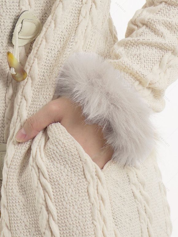 Cable Knit Plaid Horn Button Faux Fur Hooded Coat And Chunky Heel Lace Up Mid Calf Boots Life Tree Pattern Teardrop Earrings Outfit - Blanc de Crème S | US 4