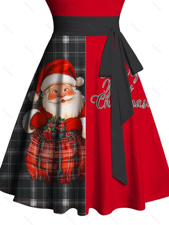 Mini Robe Ceinturée Père Noël à Carreaux à Demi-Manches à Col en Forme de Cœur - Rouge S | US 4