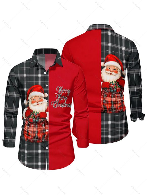 Chemise Boutonnée à Carreaux Imprimé Père Noël - Rouge 4XL