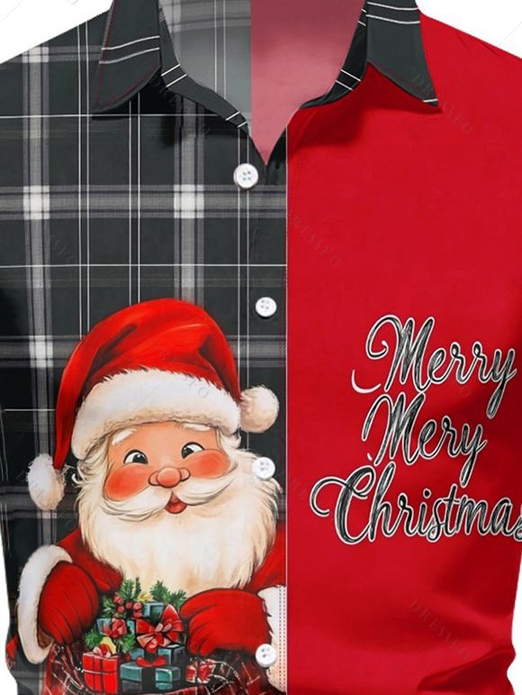 Chemise Boutonnée à Carreaux Imprimé Père Noël - Rouge 4XL