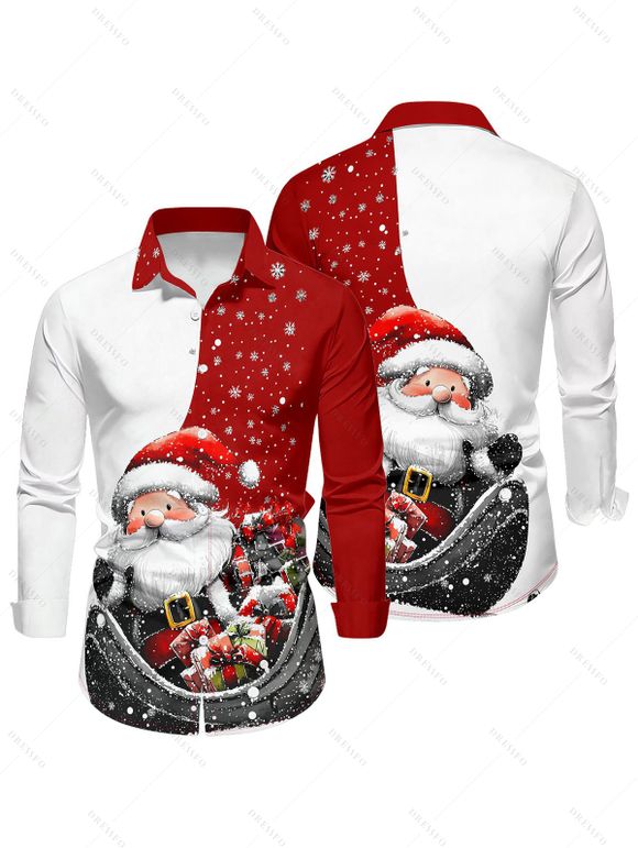 Chemise Boutonnée Père Noël et Flocon de Neige Imprimés à Manches Longues - Rouge S