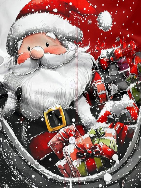 Chemise Boutonnée Père Noël et Flocon de Neige Imprimés à Manches Longues - Rouge S
