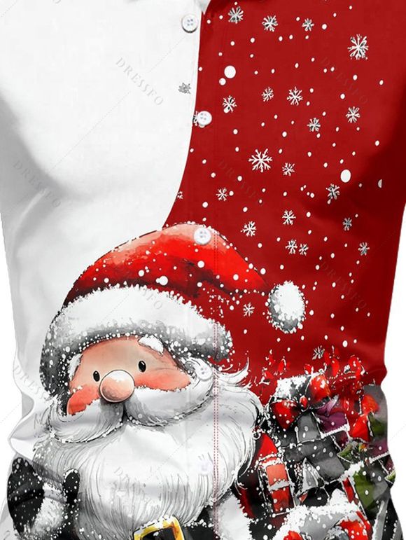 Chemise Boutonnée Père Noël et Flocon de Neige Imprimés à Manches Longues - Rouge S