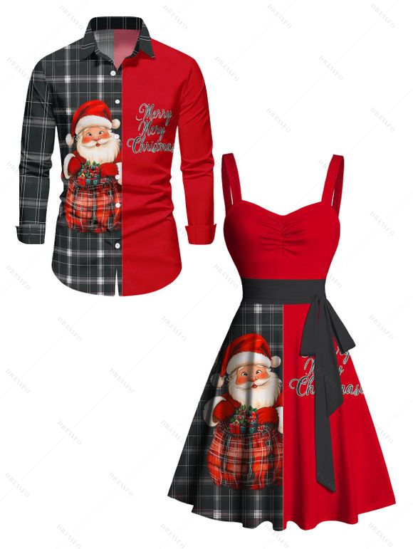 Christmas Plaid Santa Claus Letter Half And Half Print Belted Mini Dress And Long Sleeve Button Up Shirt Matching Outfit - Rouge S | US 4