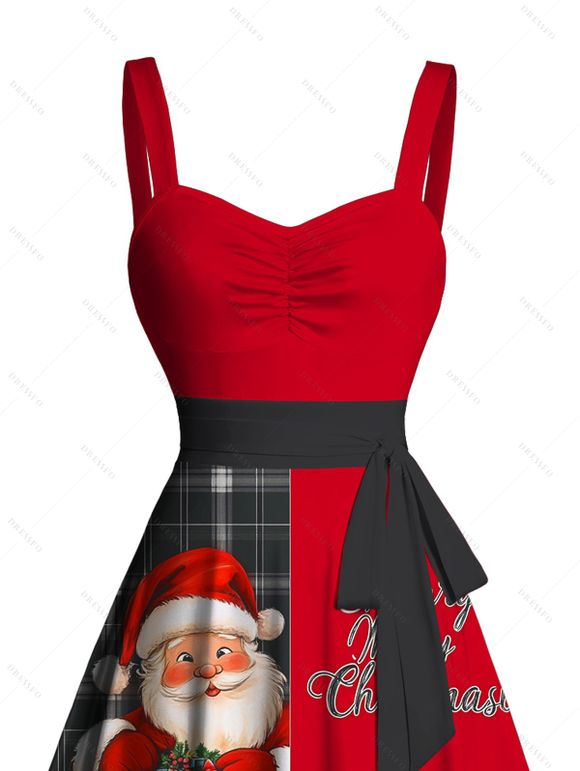 Christmas Plaid Santa Claus Letter Half And Half Print Belted Mini Dress And Long Sleeve Button Up Shirt Matching Outfit - Rouge S | US 4
