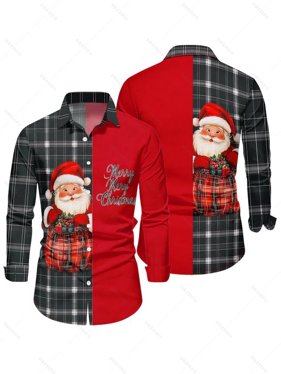Christmas Plaid Santa Claus Letter Half And Half Print Belted Mini Dress And Long Sleeve Button Up Shirt Matching Outfit - Rouge S | US 4