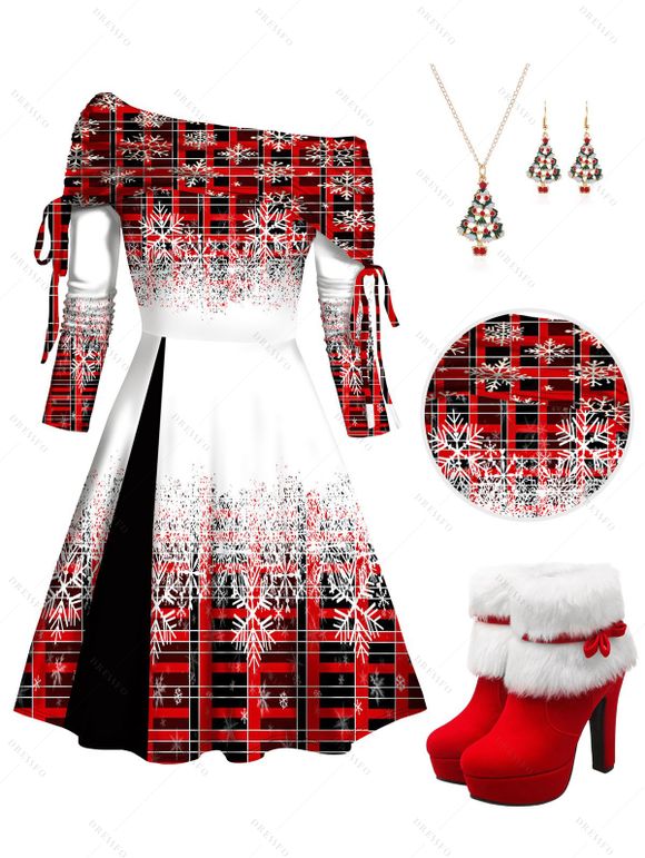 Christmas Plaid Snowflake Print Off The Shoulder Cinched Mini Godet Dress And Faux Fur High Heel Boots Xmas Chain Necklace Drop Earrings Set - Rouge S | US 4