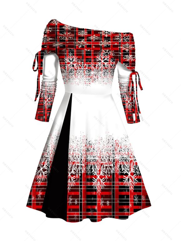 Christmas Plaid Snowflake Print Off The Shoulder Cinched Mini Godet Dress And Faux Fur High Heel Boots Xmas Chain Necklace Drop Earrings Set - Rouge S | US 4