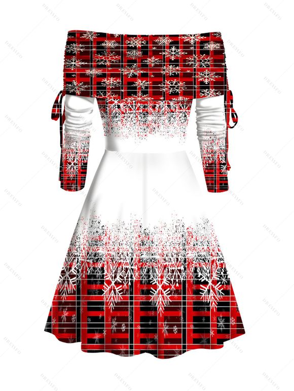Christmas Plaid Snowflake Print Off The Shoulder Cinched Mini Godet Dress And Faux Fur High Heel Boots Xmas Chain Necklace Drop Earrings Set - Rouge S | US 4