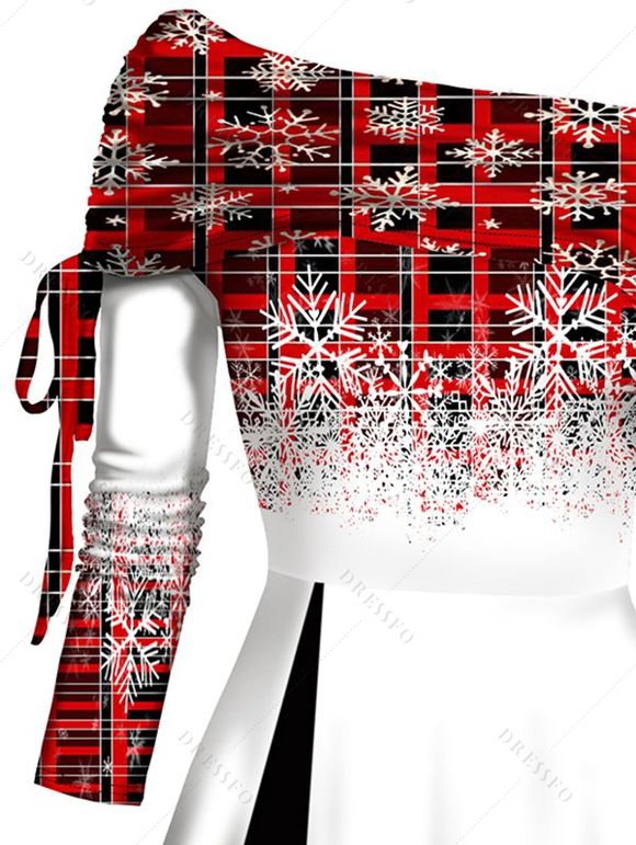 Christmas Plaid Snowflake Print Off The Shoulder Cinched Mini Godet Dress And Faux Fur High Heel Boots Xmas Chain Necklace Drop Earrings Set - Rouge S | US 4