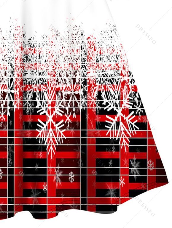 Christmas Plaid Snowflake Print Off The Shoulder Cinched Mini Godet Dress And Faux Fur High Heel Boots Xmas Chain Necklace Drop Earrings Set - Rouge S | US 4