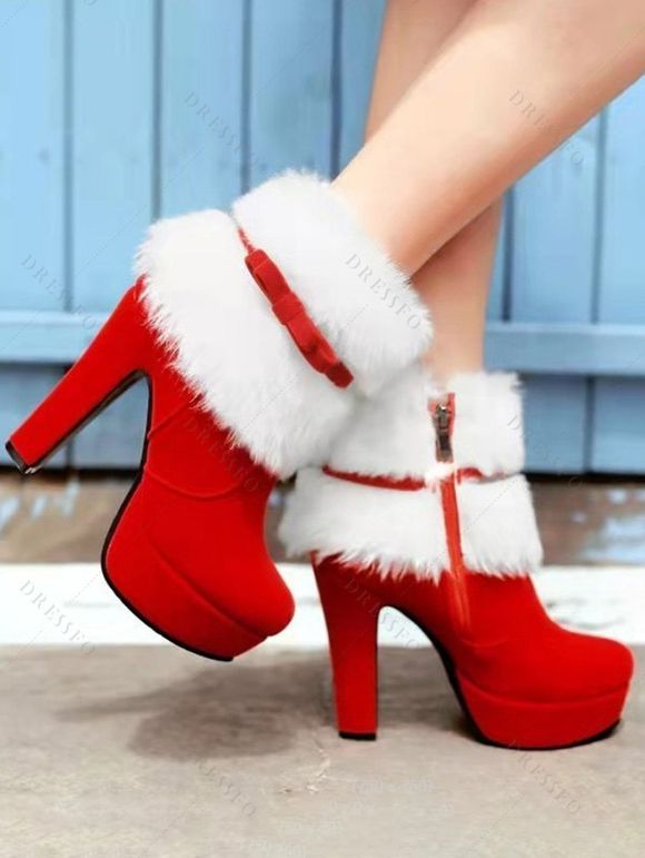Christmas Plaid Snowflake Print Off The Shoulder Cinched Mini Godet Dress And Faux Fur High Heel Boots Xmas Chain Necklace Drop Earrings Set - Rouge S | US 4