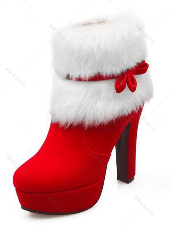 Christmas Plaid Snowflake Print Off The Shoulder Cinched Mini Godet Dress And Faux Fur High Heel Boots Xmas Chain Necklace Drop Earrings Set - Rouge S | US 4