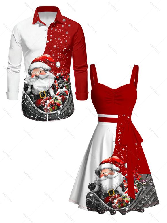 Christmas Contrast Color Santa Claus Snowflake Print Belted Mini Dress And Long Sleeve Button Down Shirt Matching Outfit - Rouge S | US 4