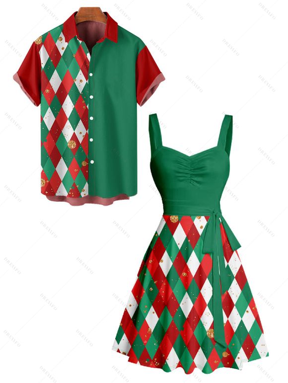 Christmas Argyle Print ColorblockBelted Mini Dress And Short Sleeve Button Up Shirt Matching Outfit - Vert profond S | US 4