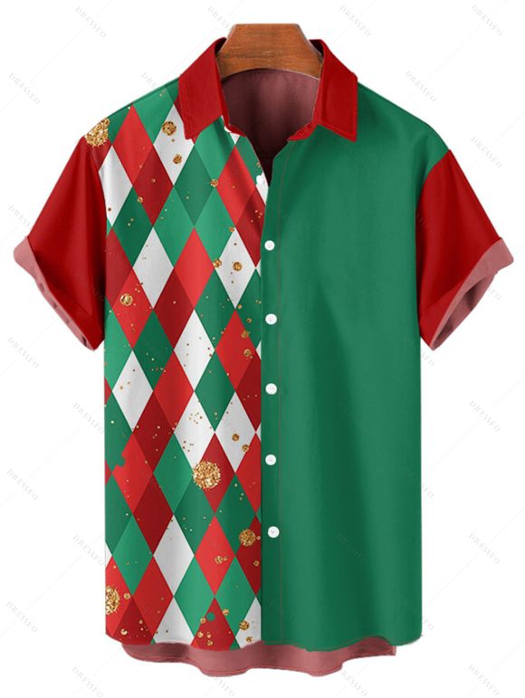 Christmas Argyle Print ColorblockBelted Mini Dress And Short Sleeve Button Up Shirt Matching Outfit - Vert profond S | US 4