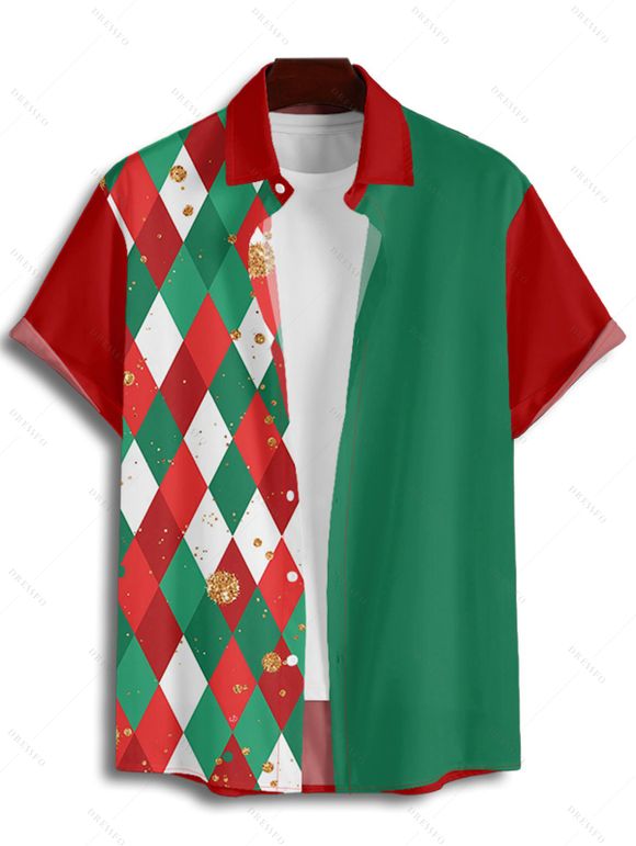 Christmas Argyle Print ColorblockBelted Mini Dress And Short Sleeve Button Up Shirt Matching Outfit - Vert profond S | US 4