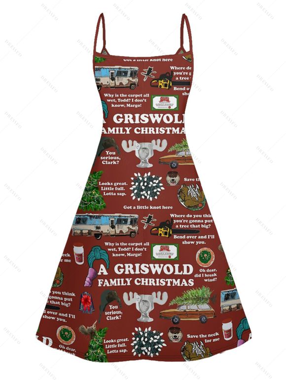 Mini Robe Ligne A de Noël à Bretelle Fine Imprimée Partout à Col V - Café profond M | US 6