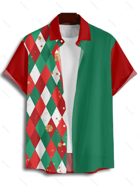 Chemise de Noël Boutonnée Losange Imprimé en Couleur Contrastée à Manches Courtes - Vert profond 4XL