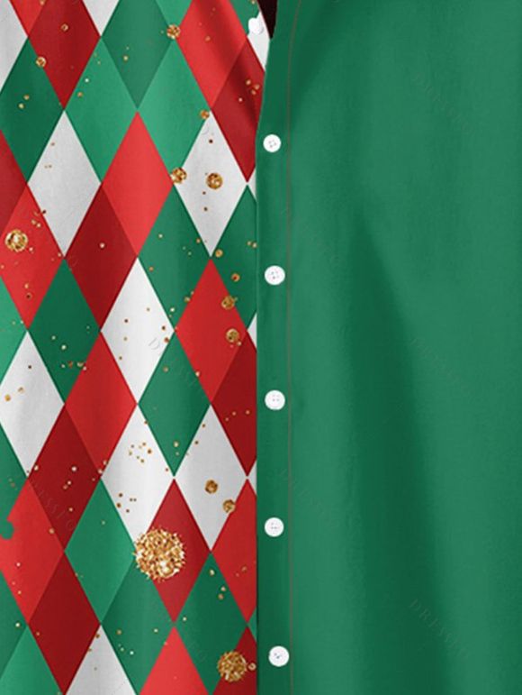 Chemise de Noël Boutonnée Losange Imprimé en Couleur Contrastée à Manches Courtes - Vert profond 4XL