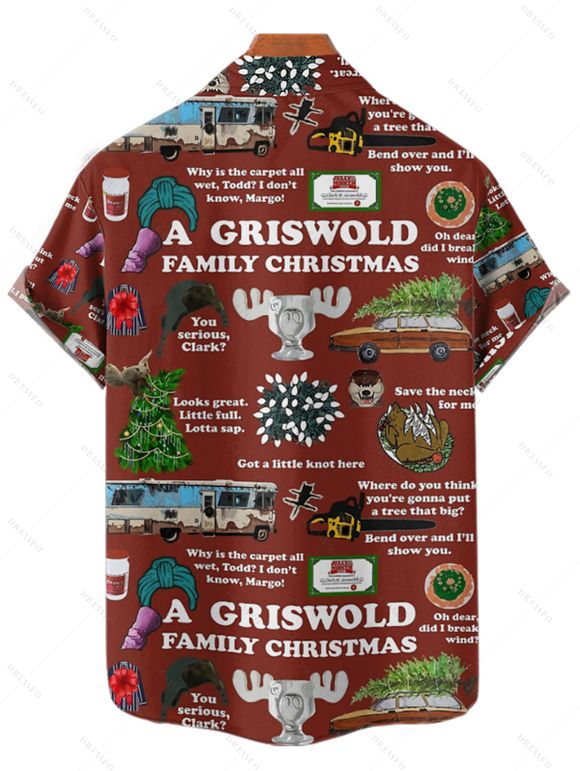 Chemise de Noël Boutonnée Graphique Imprimé Partout à Manches Courtes - Café profond 4XL