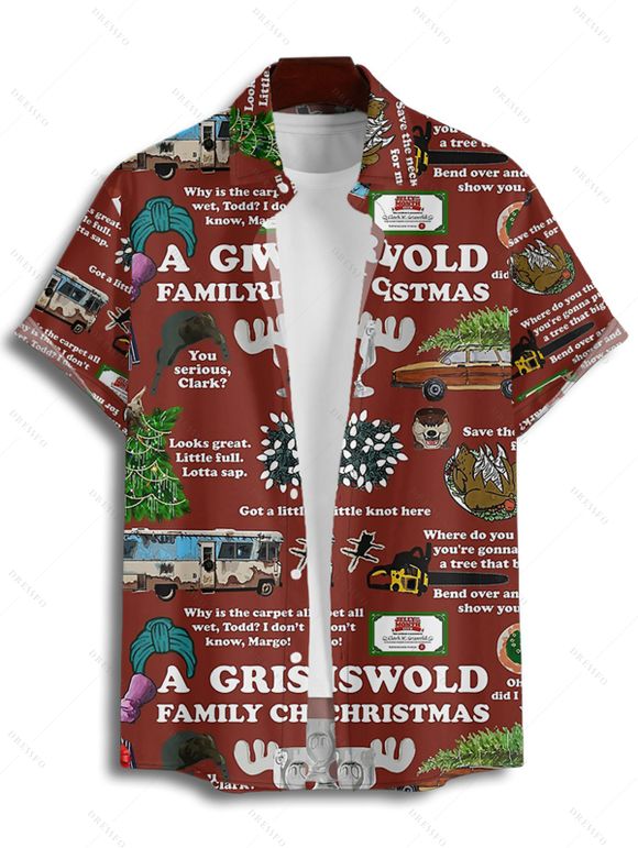 Chemise de Noël Boutonnée Graphique Imprimé Partout à Manches Courtes - Café profond 4XL