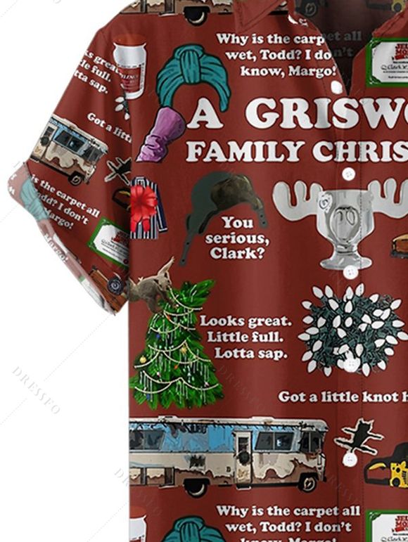 Chemise de Noël Boutonnée Graphique Imprimé Partout à Manches Courtes - Café profond 4XL