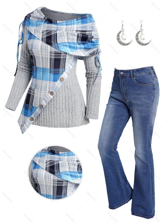 Plaid Print Panel Mock Button Cinched Ribbed Knit Top And Zip Fly Flare Jeans Moon Star Drop Earrings Outfit - Gris Foncé S | US 4