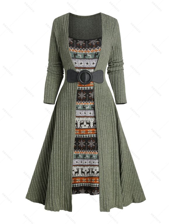 Robe en Tricot Côtelée avec Boucle en Jointif Imprimé Flocons de Neige et Élans de Noël - Vert clair M | US 6