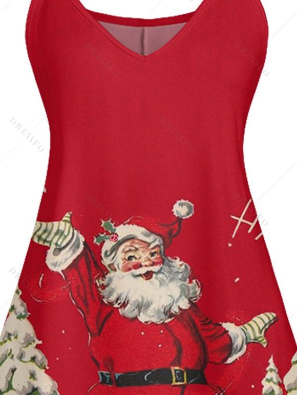 Robe Ligne A à Bretelle Fine Père Noël Imprimé à Taille Haute sans Manches - Rouge S | US 4