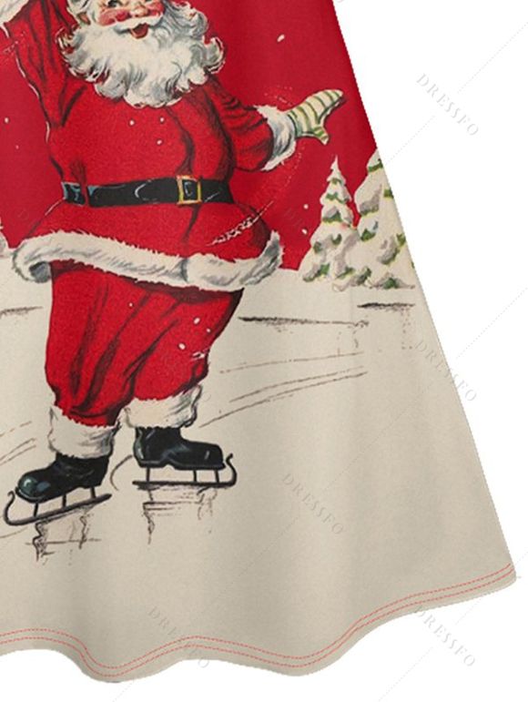 Robe Ligne A à Bretelle Fine Père Noël Imprimé à Taille Haute sans Manches - Rouge S | US 4