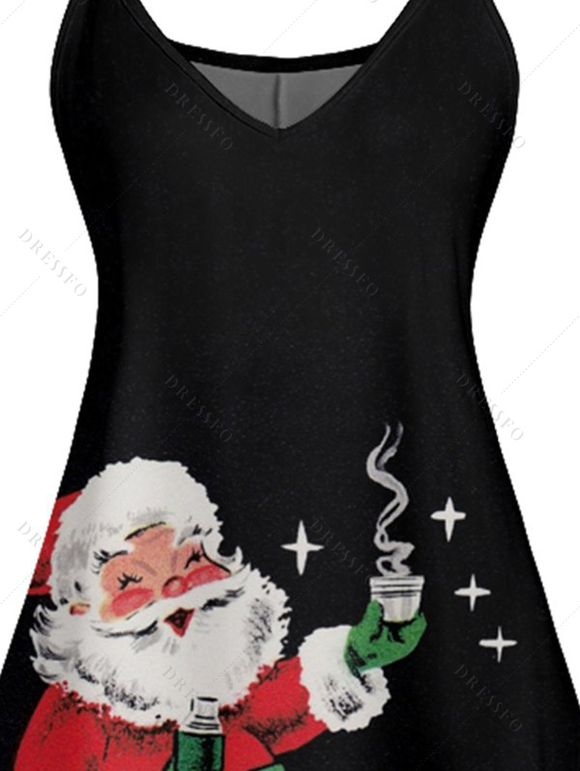 Robe Ligne A à Bretelle Fine Père Noël Imprimé à Taille Haute sans Manches - Noir XXL | US 14
