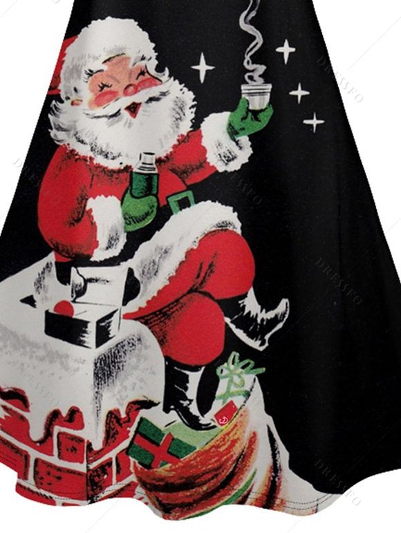 Robe Ligne A à Bretelle Fine Père Noël Imprimé à Taille Haute sans Manches - Noir XXL | US 14