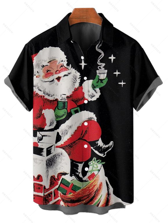 Chemise Décontractée Père Noël Imprimée Boutonnée à Manches Courtes - Noir 2XL