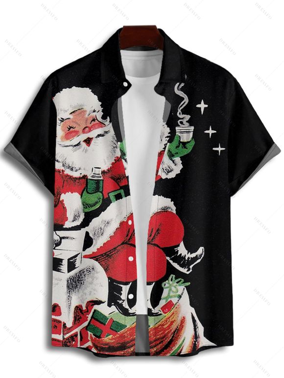 Chemise Décontractée Père Noël Imprimée Boutonnée à Manches Courtes - Noir 4XL