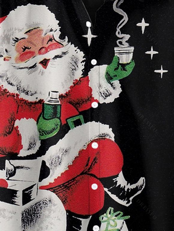 Chemise Décontractée Père Noël Imprimée Boutonnée à Manches Courtes - Noir 4XL