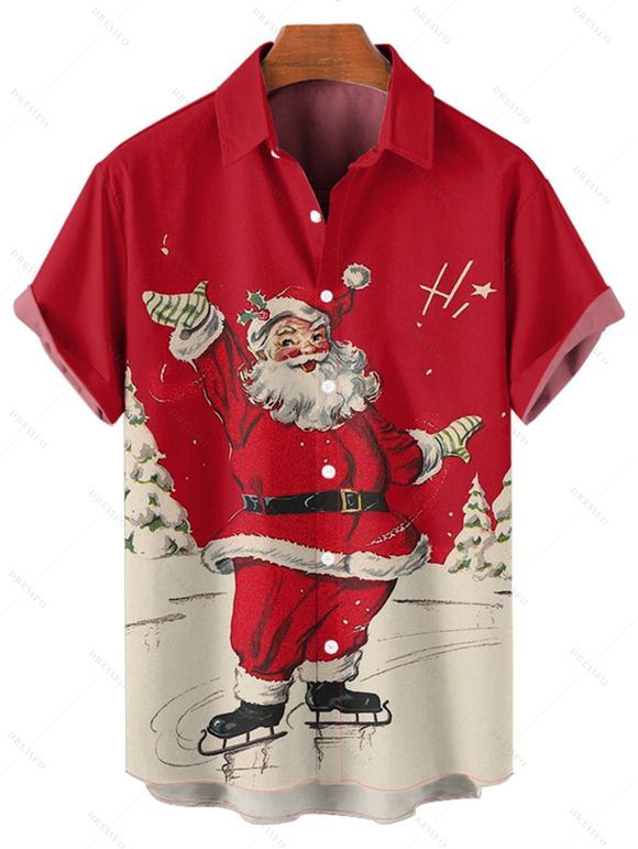 Chemise Décontractée Père Noël Imprimée Boutonnée à Manches Courtes - Rouge S