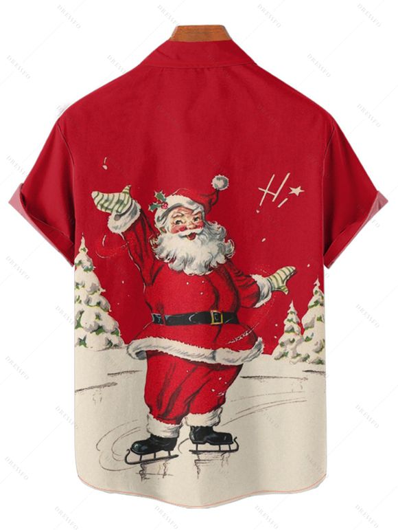 Chemise Décontractée Père Noël Imprimée Boutonnée à Manches Courtes - Rouge M