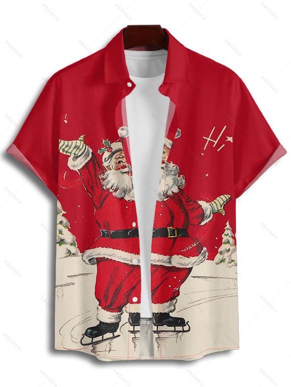 Chemise Décontractée Père Noël Imprimée Boutonnée à Manches Courtes - Rouge M