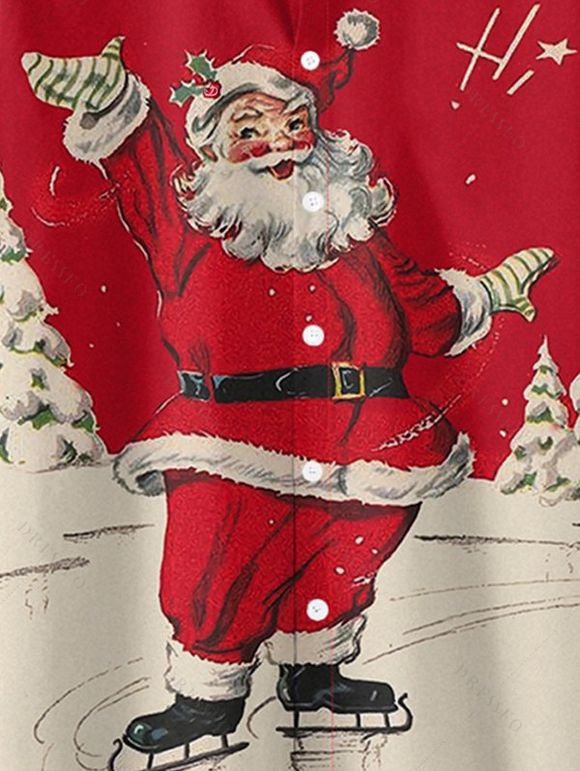 Chemise Décontractée Père Noël Imprimée Boutonnée à Manches Courtes - Rouge M