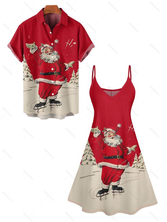 Christmas Santa Claus Print High Waist Spaghetti Strap V Neck Dress and Roll Up Sleeve Shirt Outfit - Rouge S | US 4